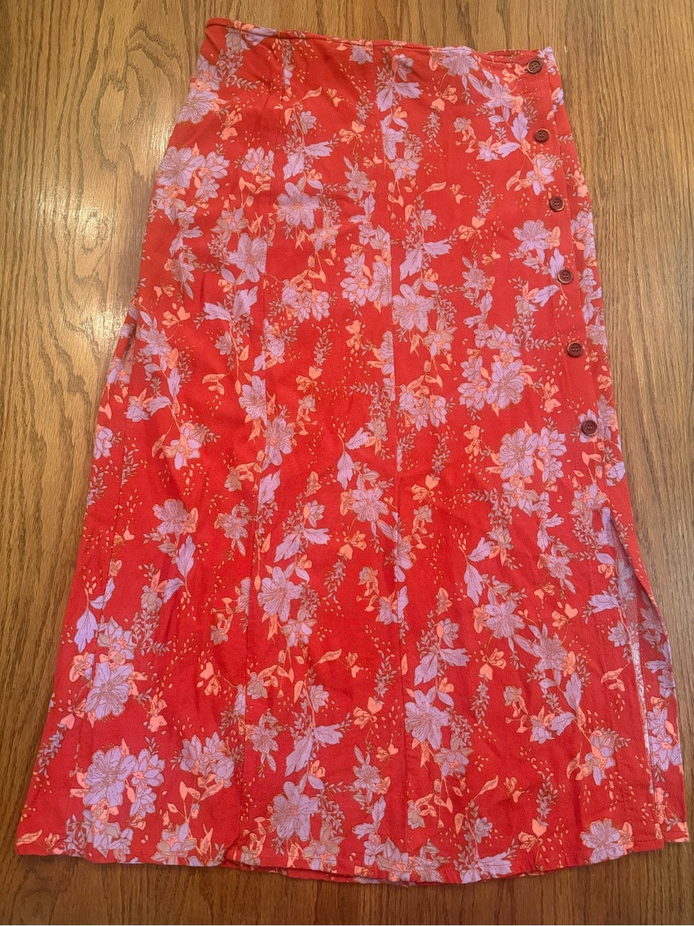 Free People Red Floral Button-Accent Midi Skirt